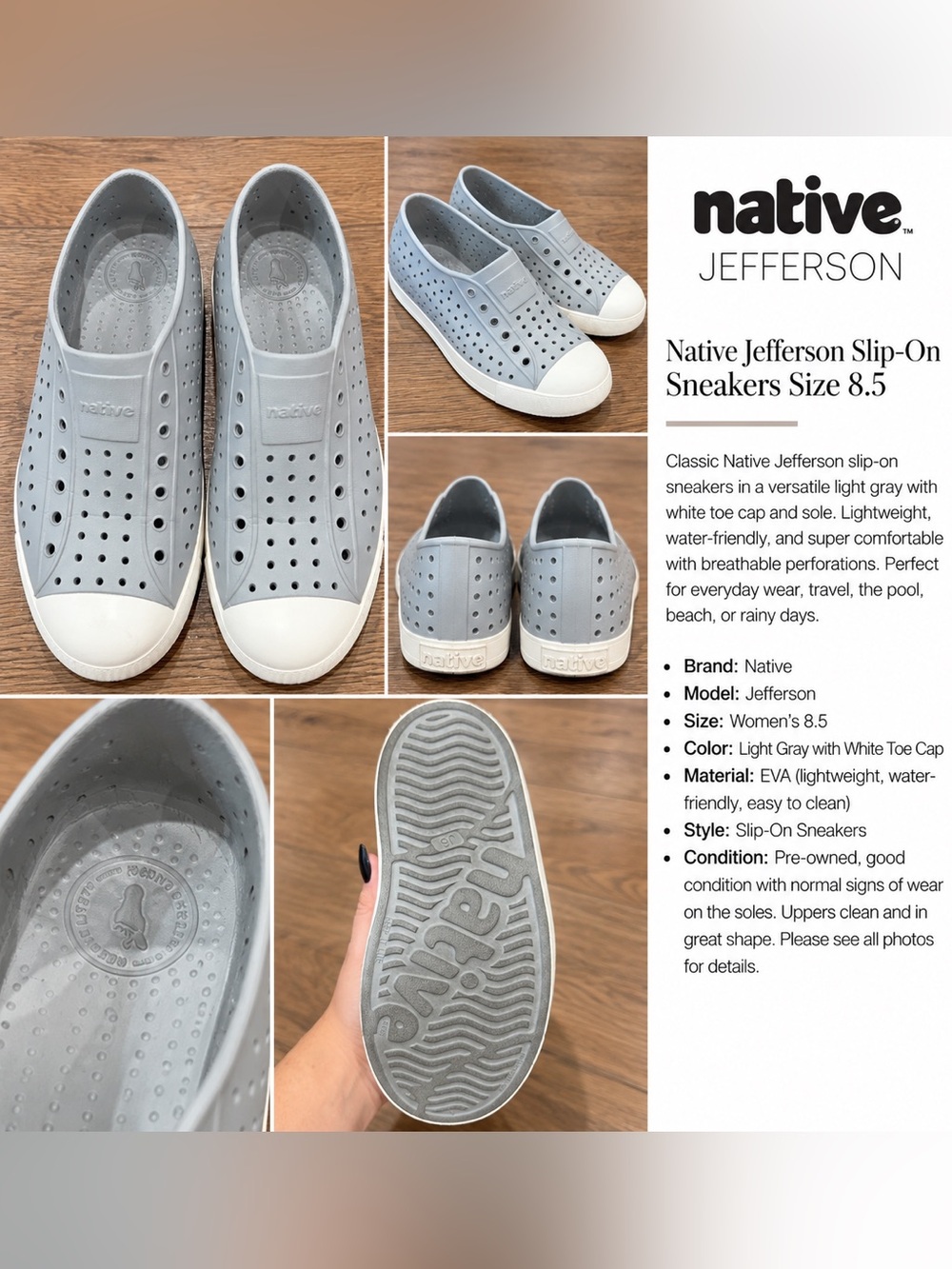 Native Shoes Jefferson Gray Slip-On Sneakers Women’s Size 8.5